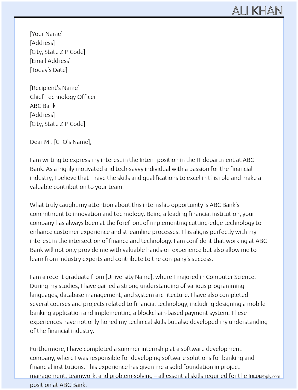 Intern -IT department At ABC Bank Cover Letter