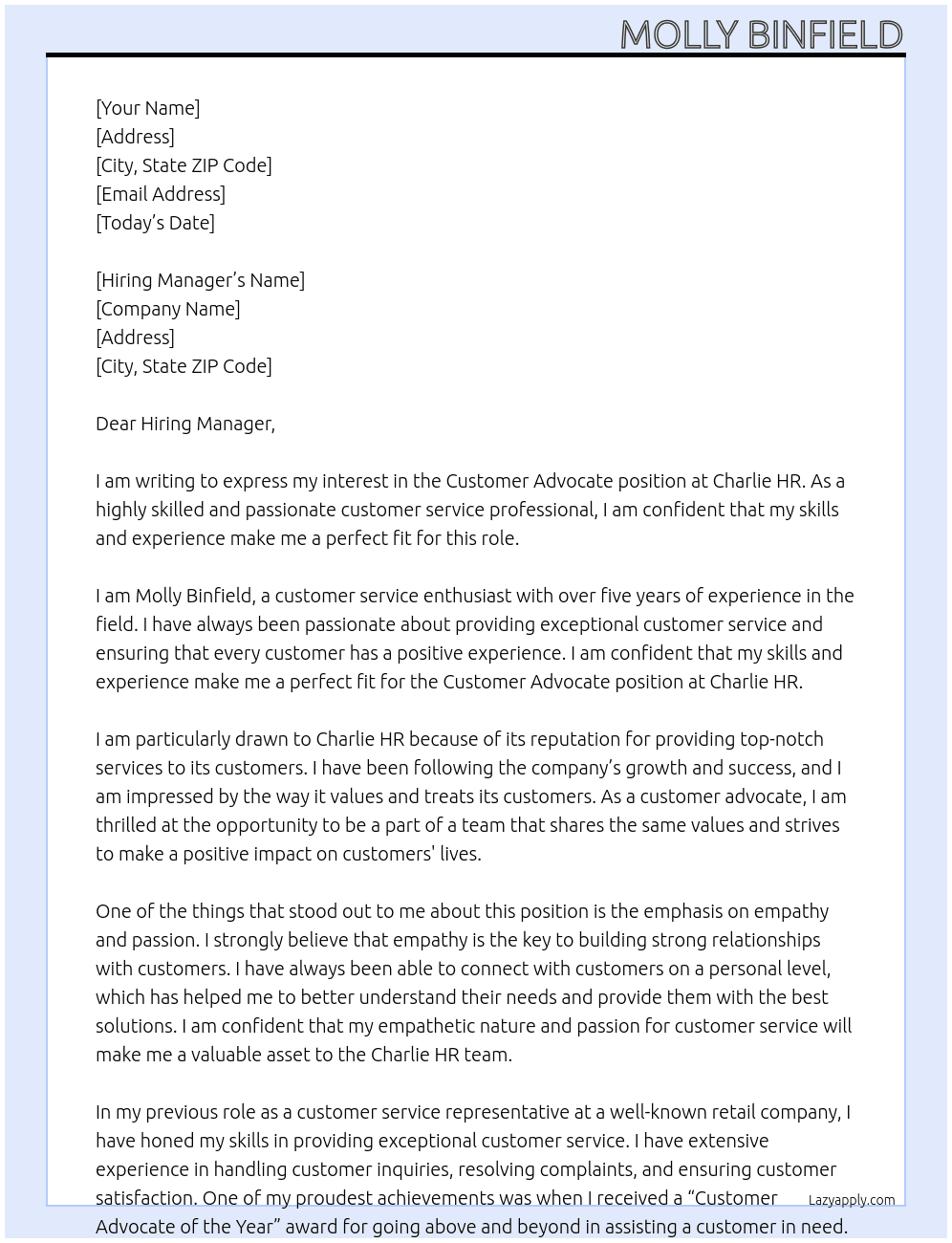 Customer Advocate At Charlie HR Cover Letter