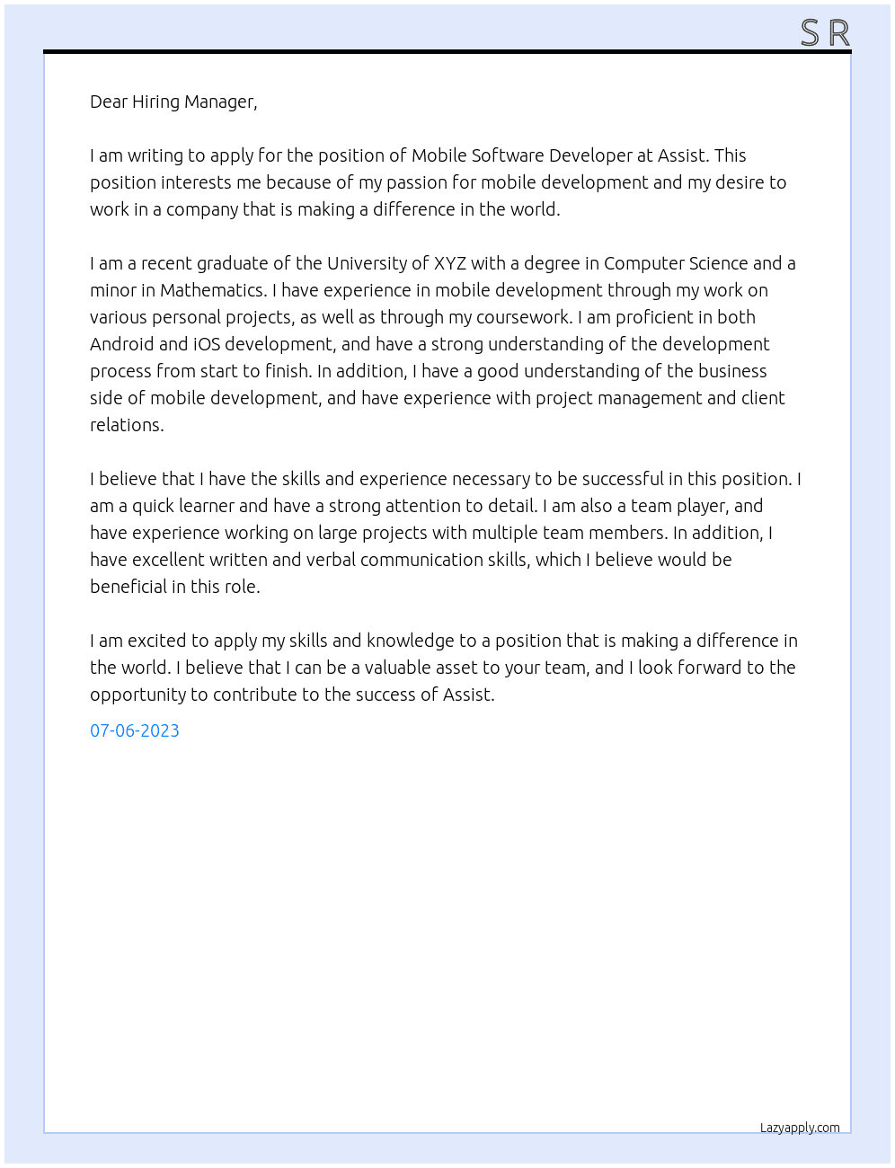 Mobile Software Developer At Assist Cover Letter