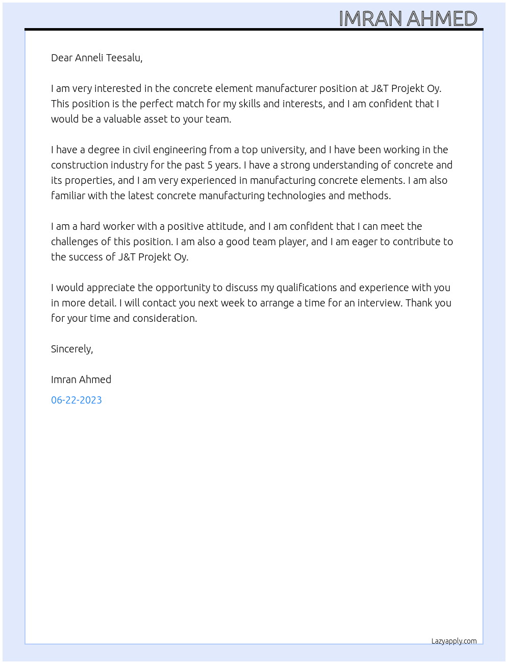 Concrete element manufacturer At J&T Projekt Oy Cover Letter