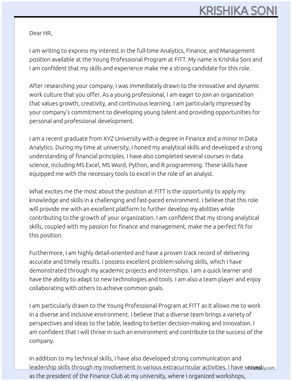 Analytics, finance, management  At Young professional program at FITT,  Cover Letter
