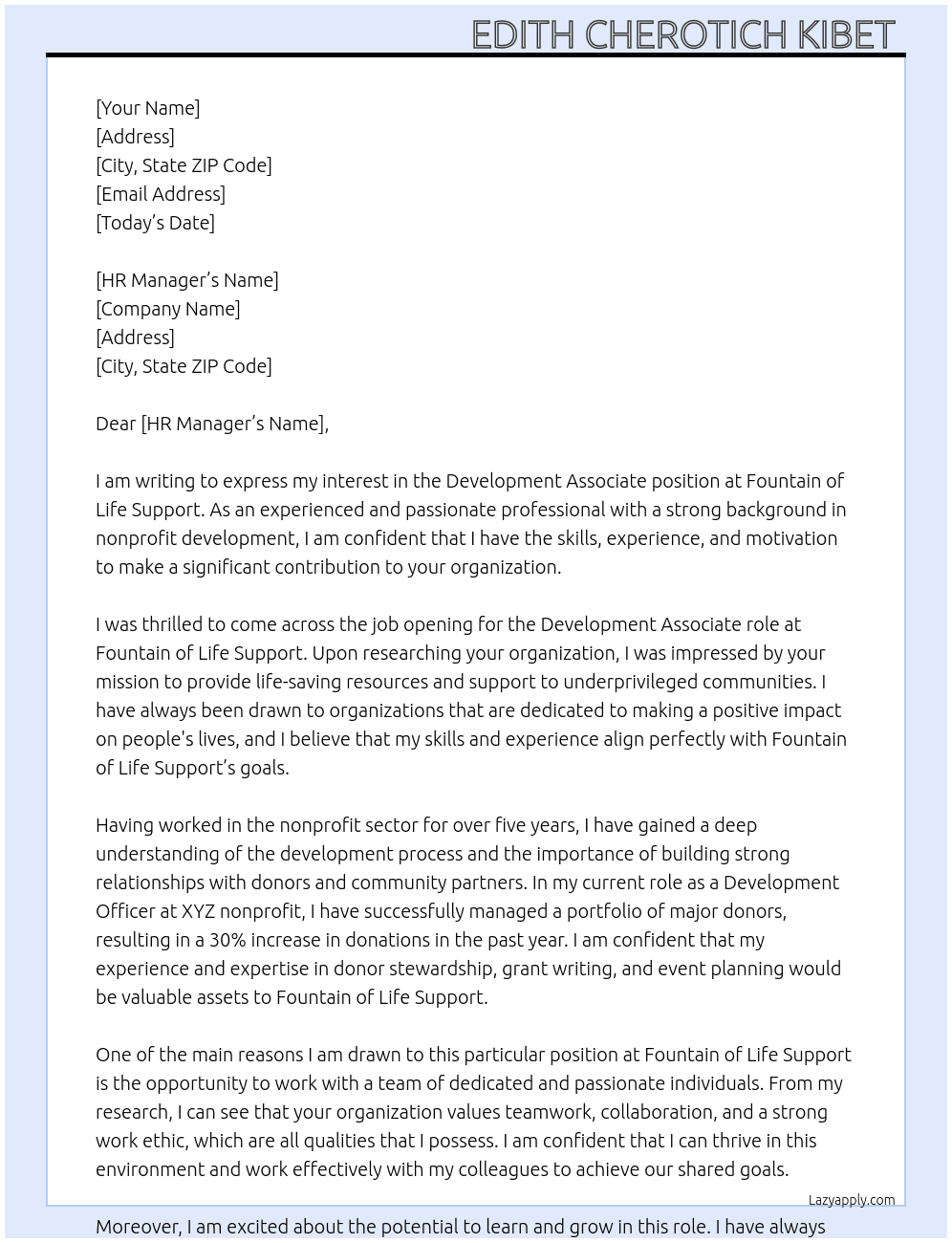 Development associate  At Fountain of life support  Cover Letter