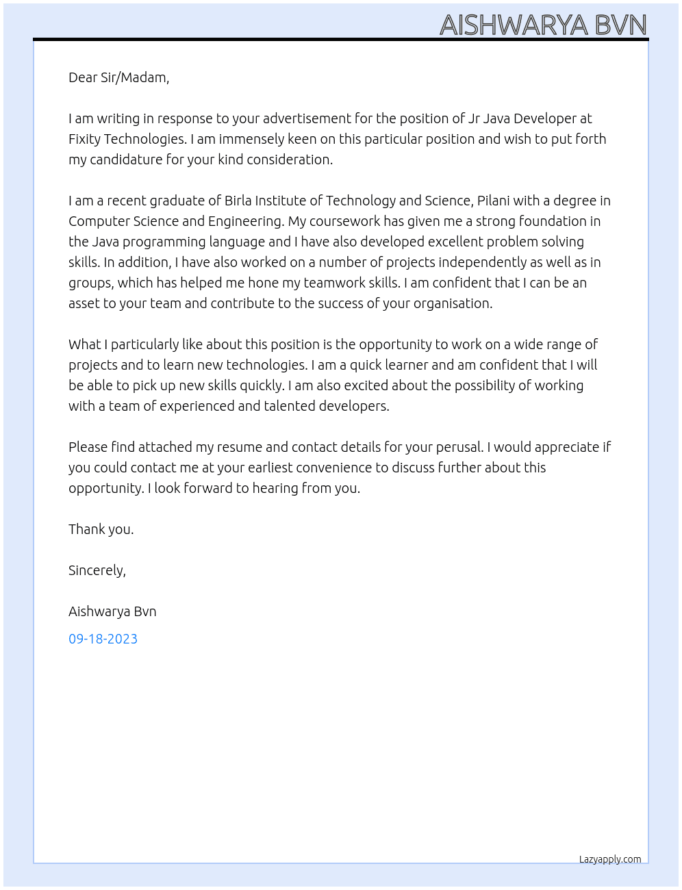 Jr java developer At Fixity Technologies Cover Letter