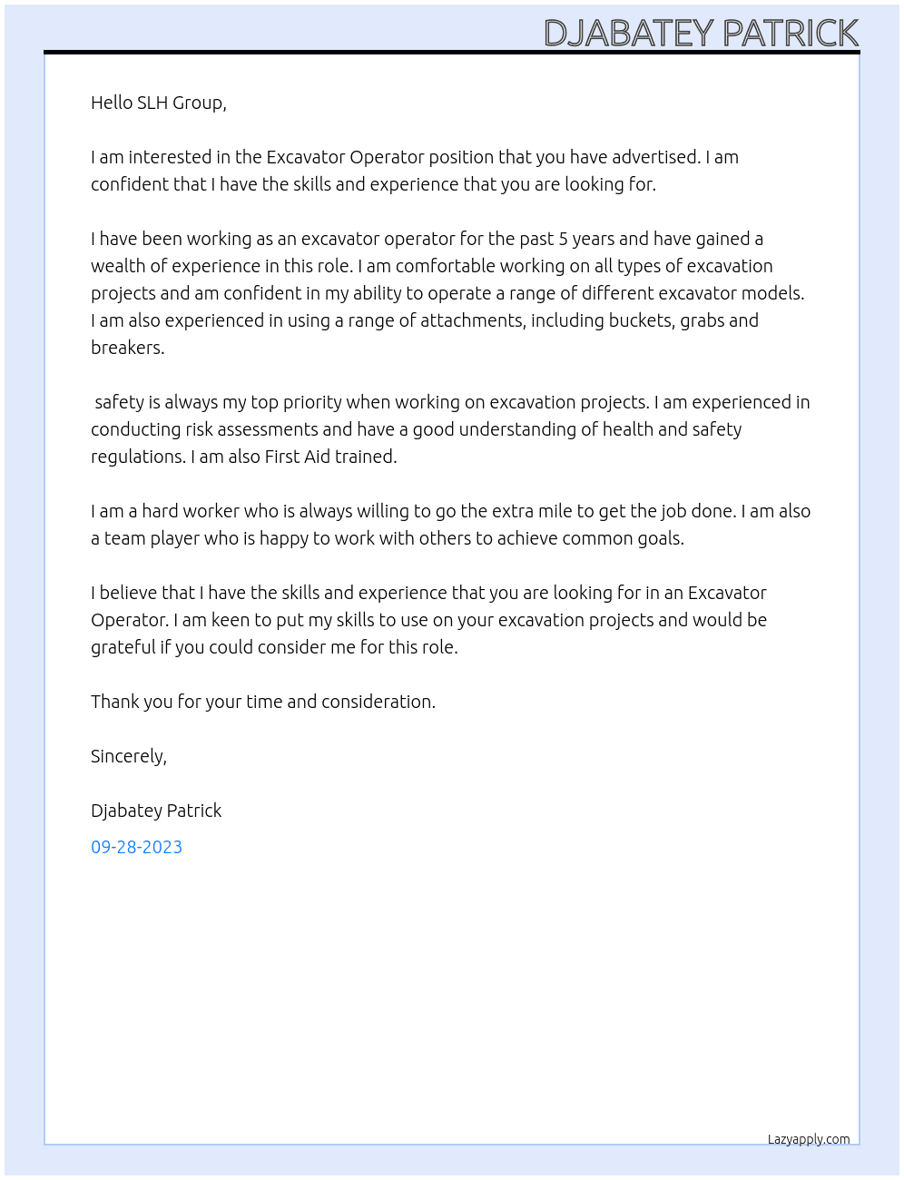 Excavator Operator  At Excavator Operator  Cover Letter