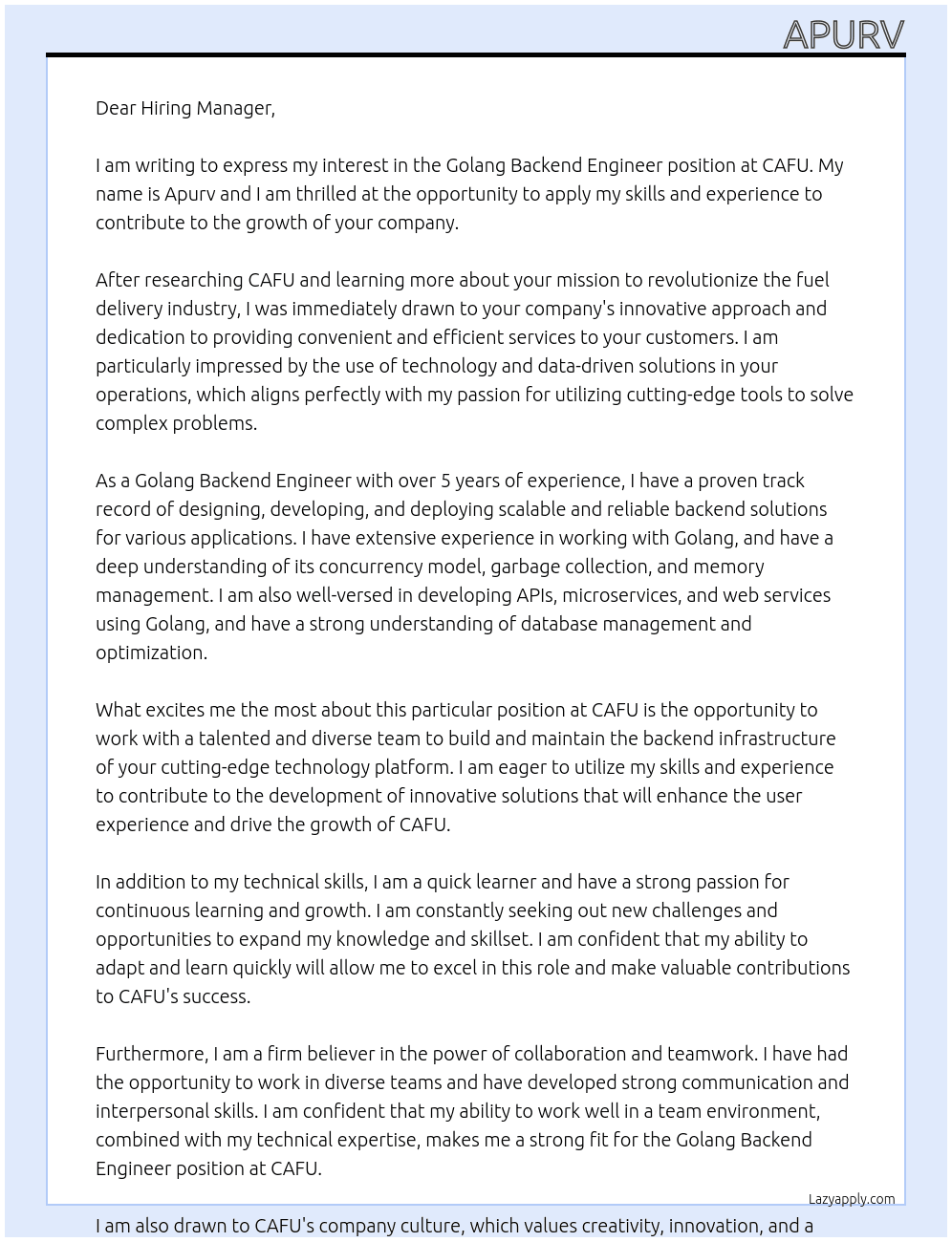 Golang Backend Engineer At CAFU Cover Letter