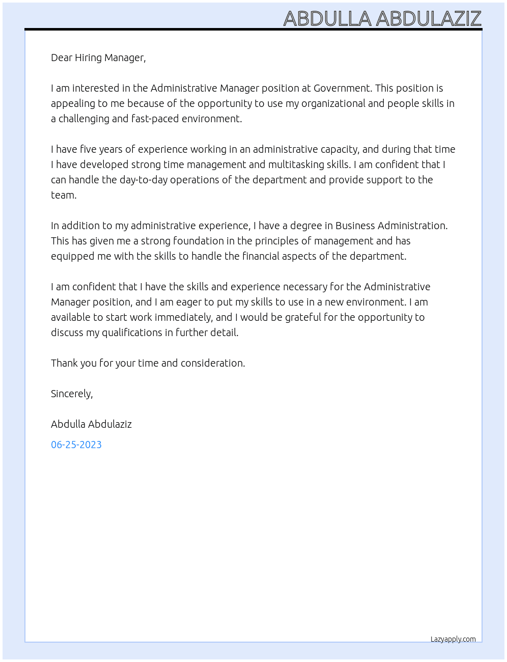 Administrative Manager At Government Cover Letter