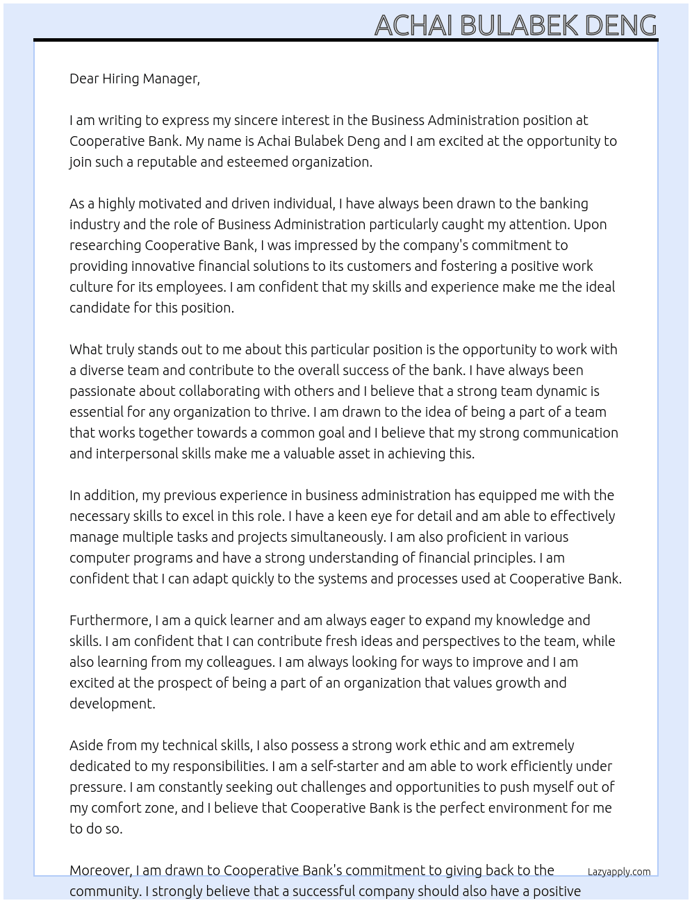 Business Administration  At Cooperative bank Cover Letter