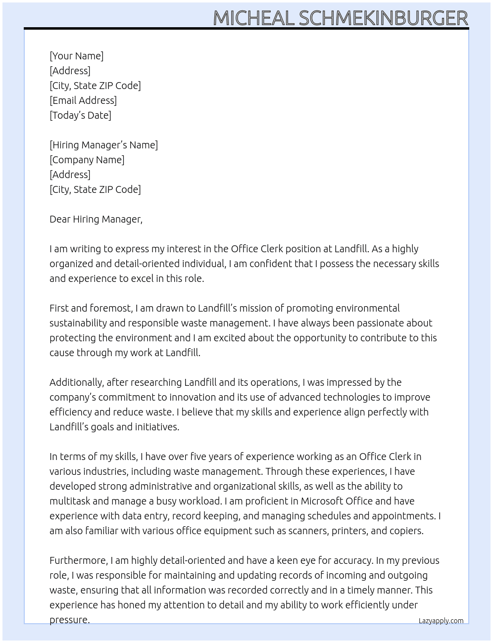 Office Clerk At Landfill  Cover Letter