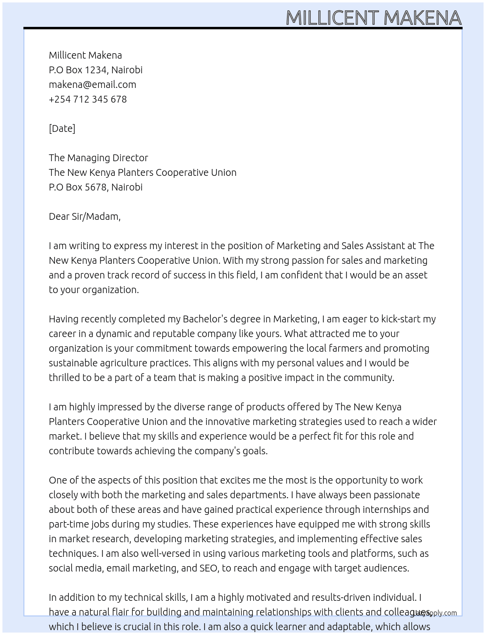 Marketing and sales assistant At The new Kenya planters cooperative union Cover Letter