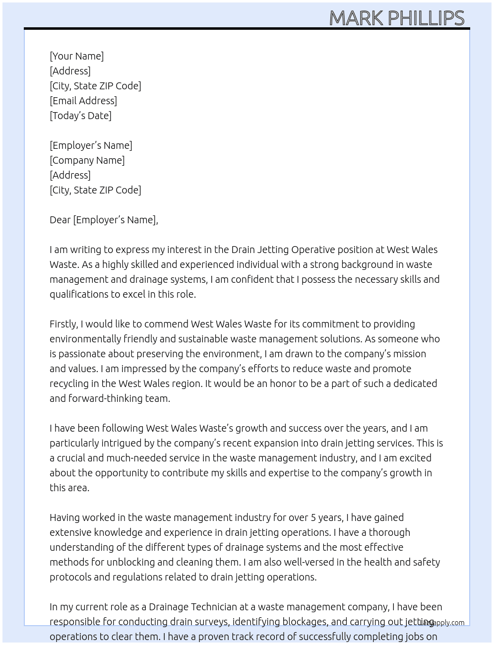 Drain jetting operative At West Wales waste Cover Letter