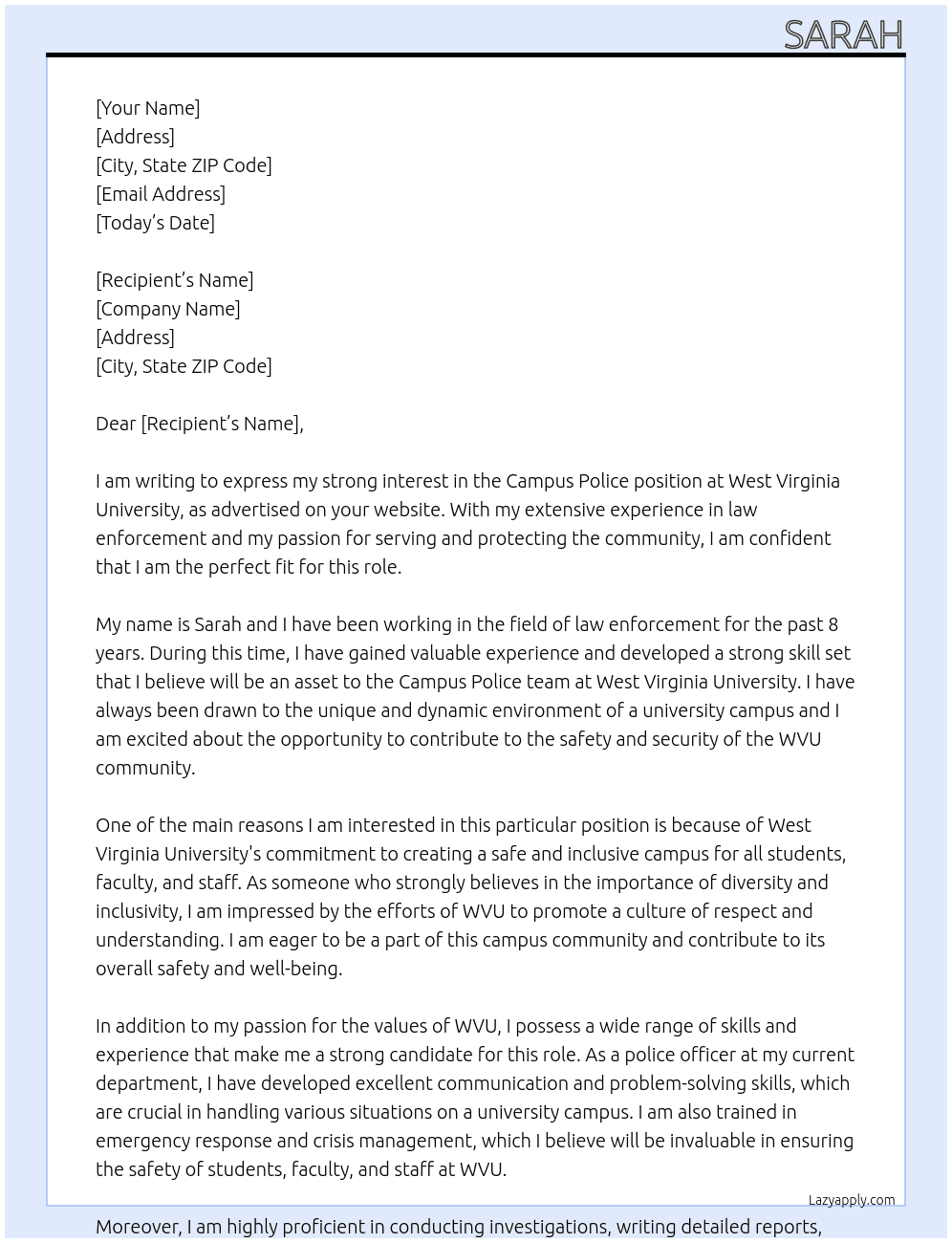 Campus police  At West Virginia University  Cover Letter