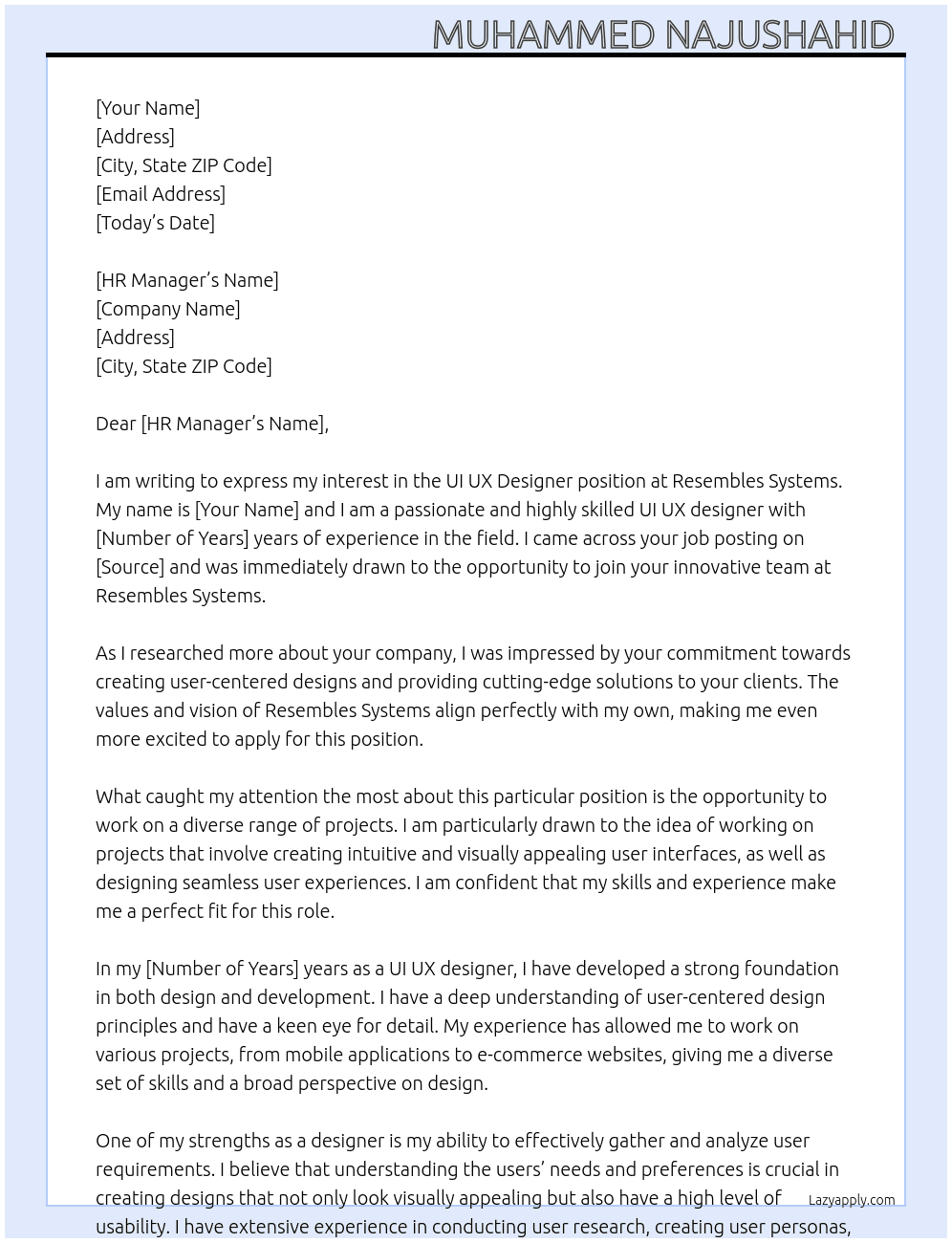 UI UX designer  At Resembles systems  Cover Letter