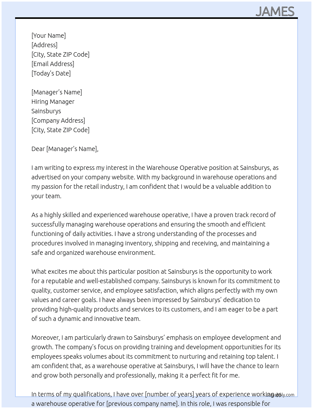 warehouse operative At sainburys Cover Letter