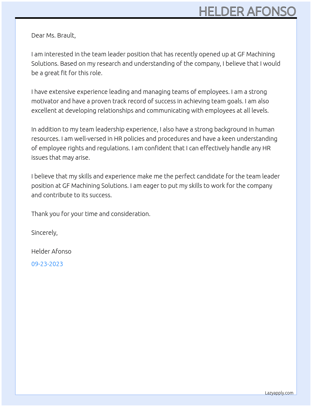 Team leader returns At GF Machining Solution Cover Letter