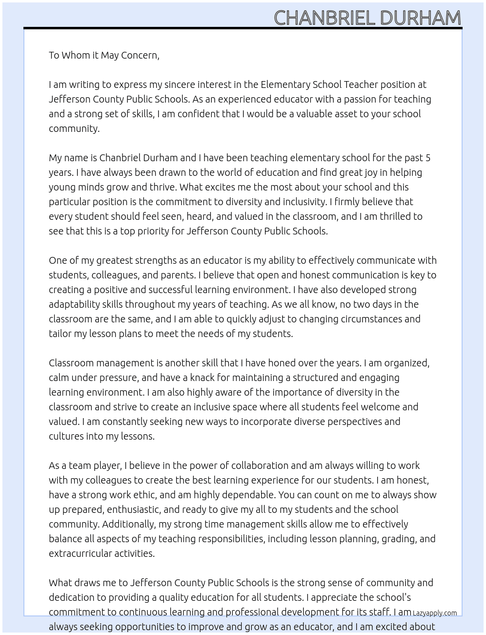 Elementary School Teacher At Jefferson County Public Schools Cover Letter