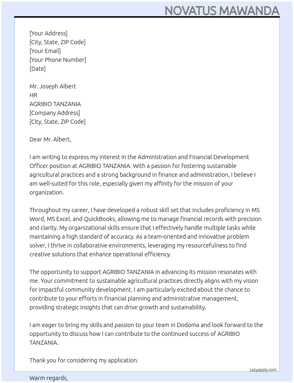 Administration and Financial Development Officer At AGRIBIO TANZANIA Cover Letter