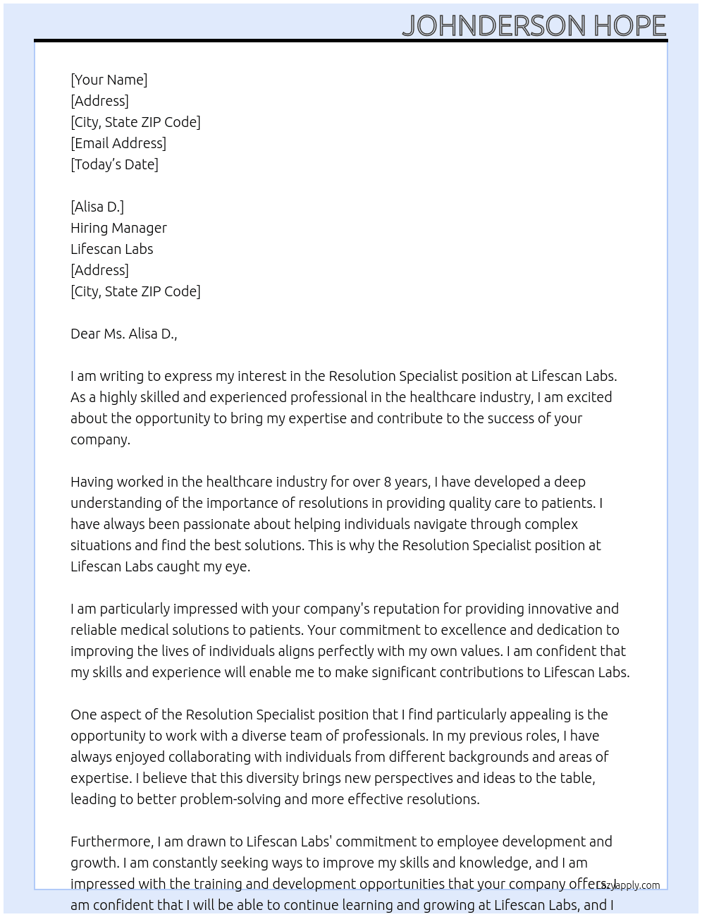 Resolution Specialist At Lifescan Labs Cover Letter