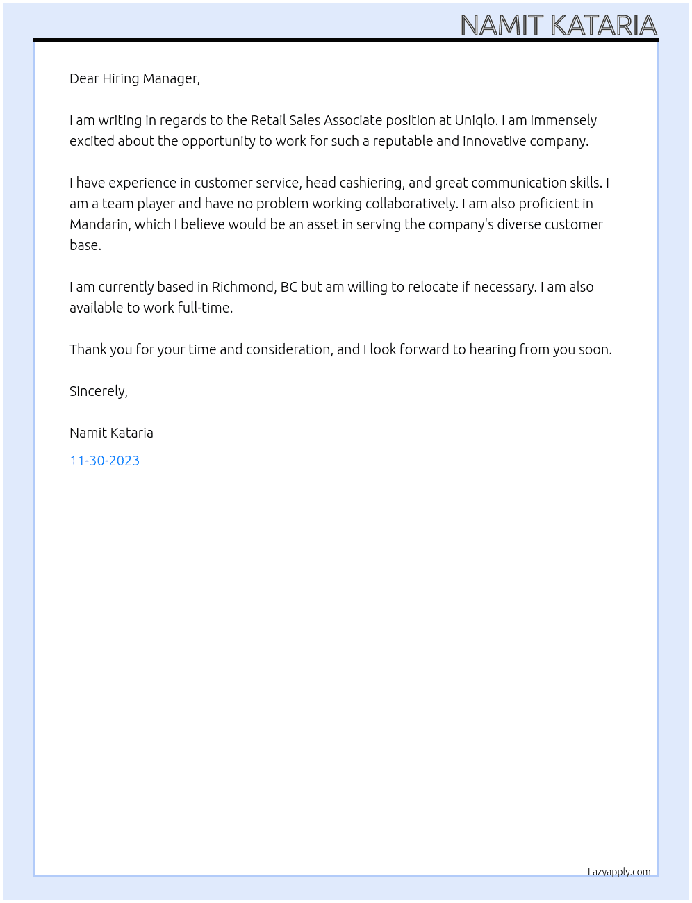 Retail Sales Associate At Uniqlo Cover Letter