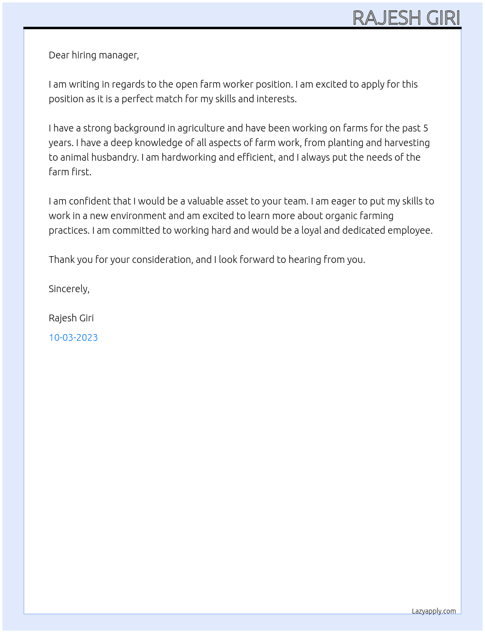 Farm Worker At - Cover Letter
