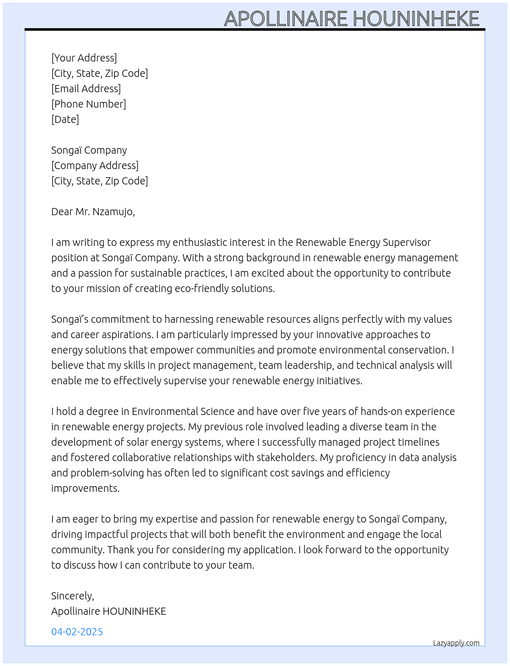 Renewable Energy Supervisor  At Songaï Company  Cover Letter