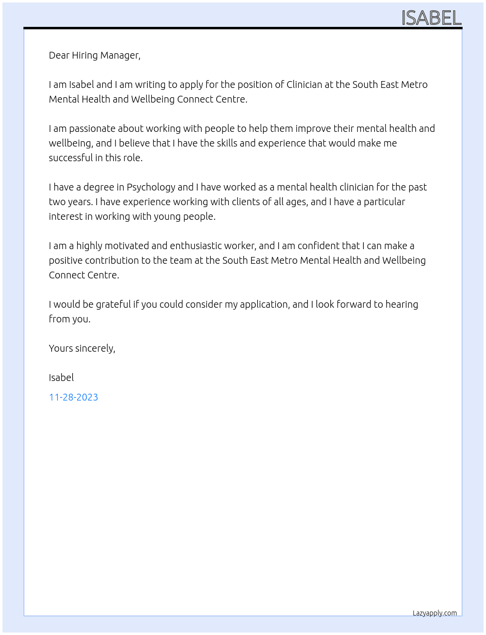 Clinician - South East Metro Mental Health and Wellbeing Connect Centre At Berry Street Cover Letter