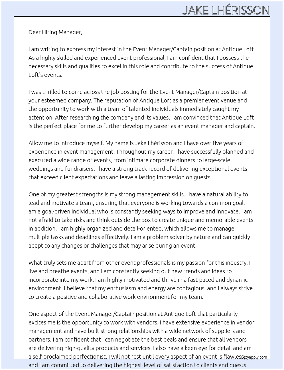 Event Manager / Captain At Antique Loft Cover Letter