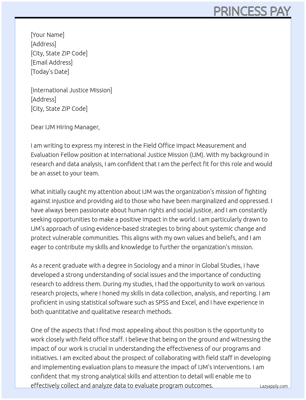 Field Office Impact Measurement and Evaluation Fellow At International Justice Mission Cover Letter