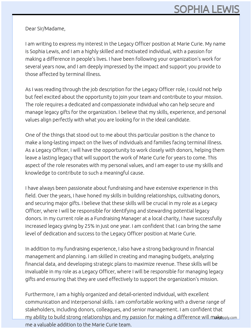 Legacy Officer At Marie Curie Cover Letter
