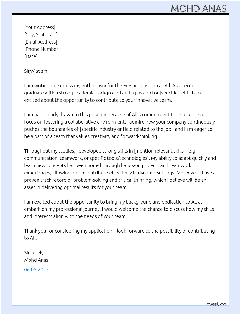 Fresher  At All Cover Letter
