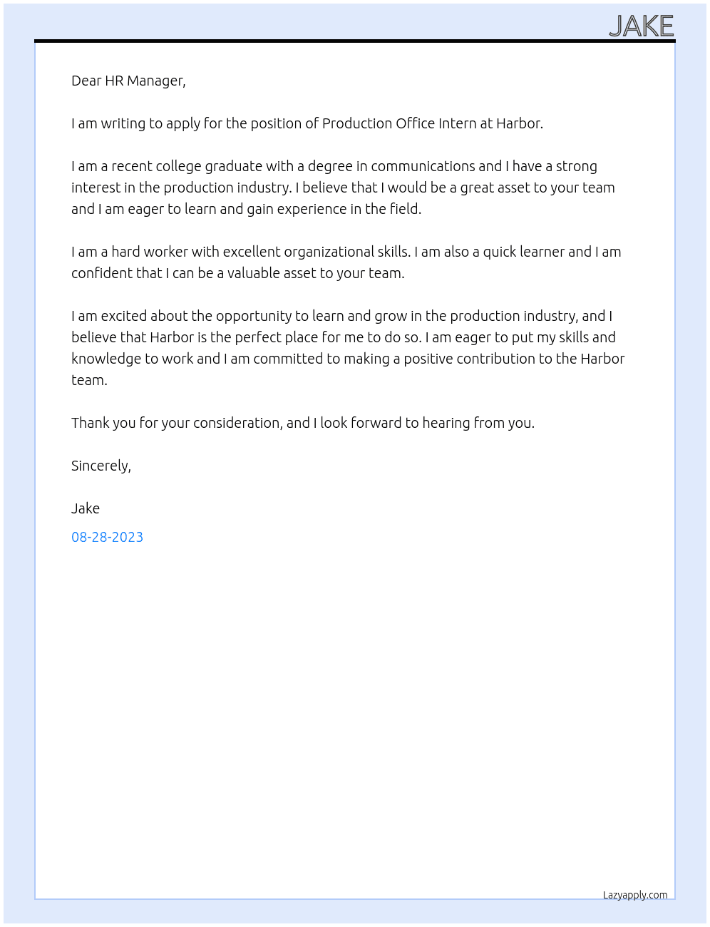 Production Office Intern At Harbor Cover Letter
