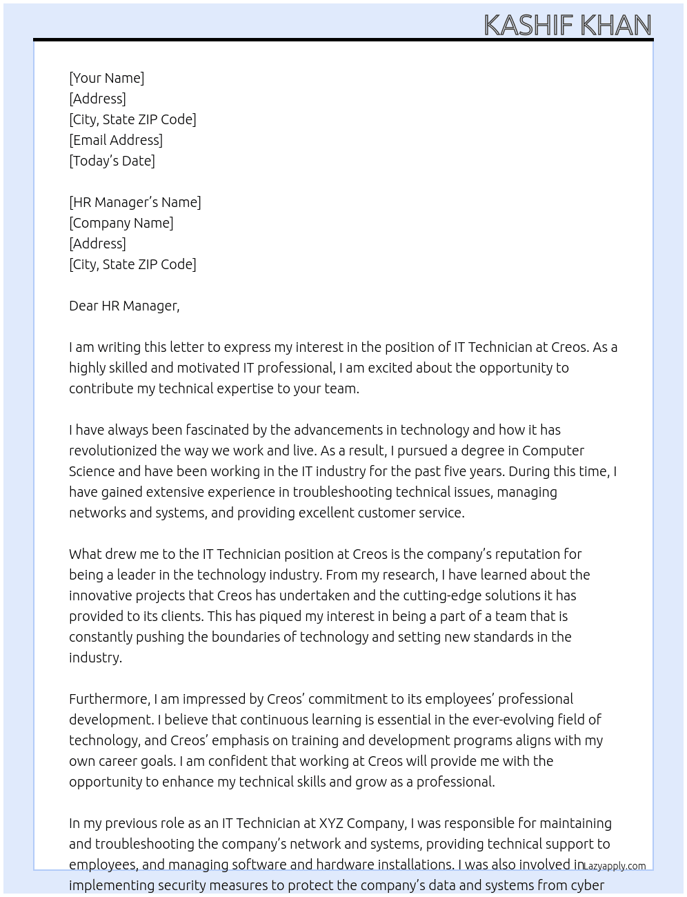 IT Technician At Creos Cover Letter