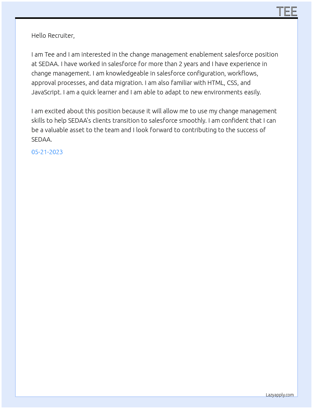change management enablement salesforce At SEDAA Cover Letter