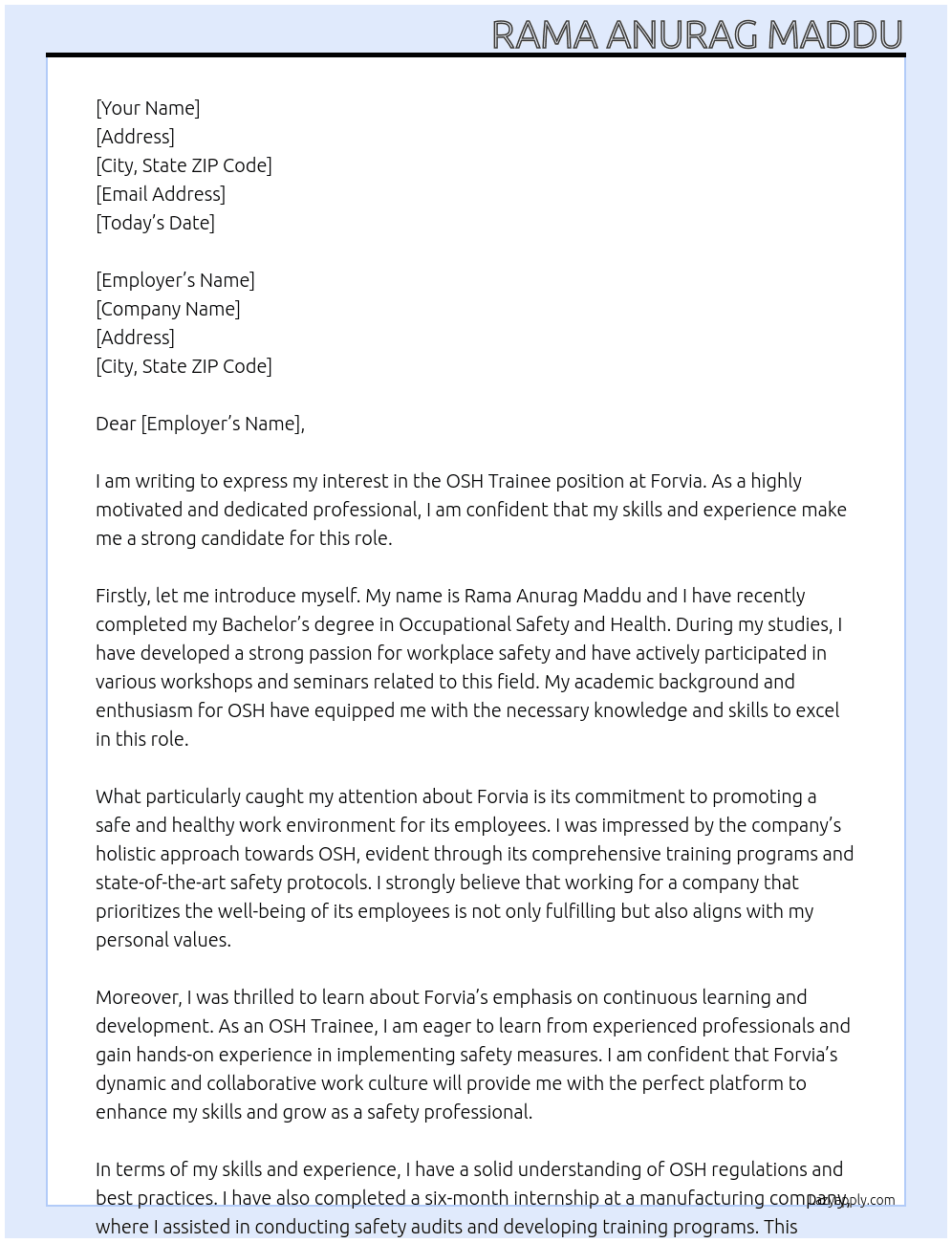 OSH Trainee At Forvia Cover Letter