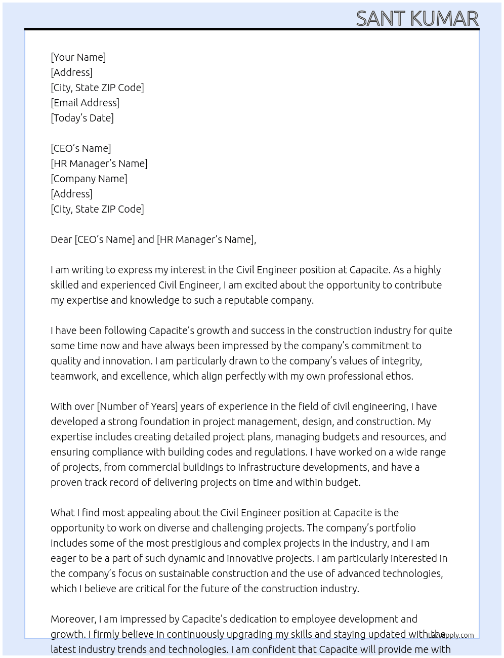 Civil engineer  At Capacite Cover Letter