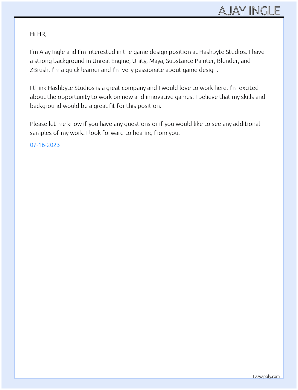 Game design At Hashbyte studio Cover Letter