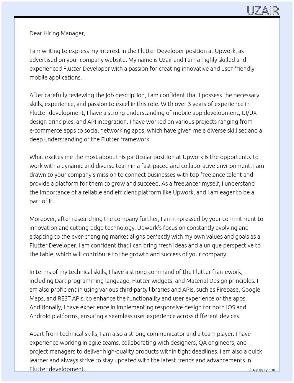 Flutter developer At upwork job Cover Letter