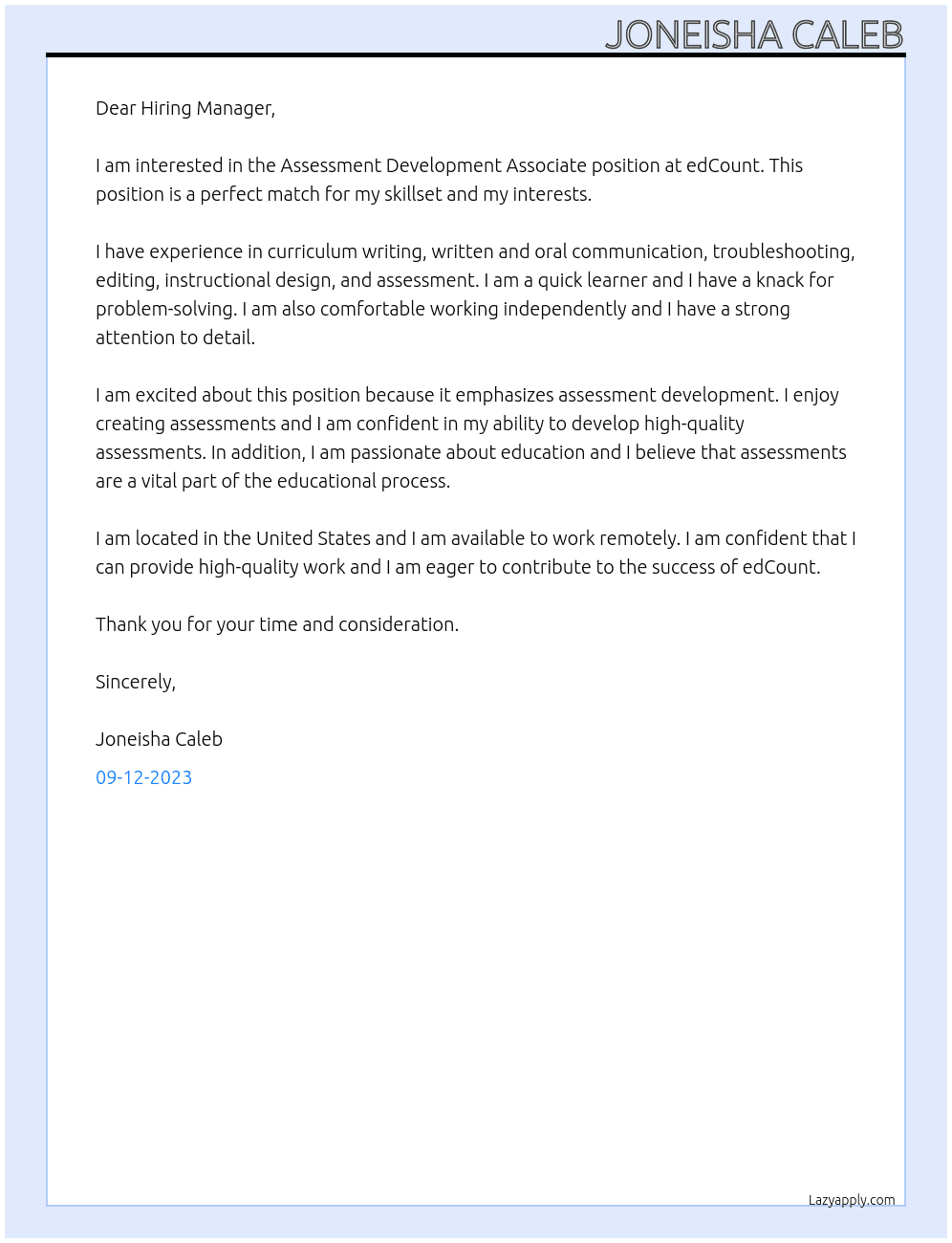 Assessment Development Associate At edCount Cover Letter
