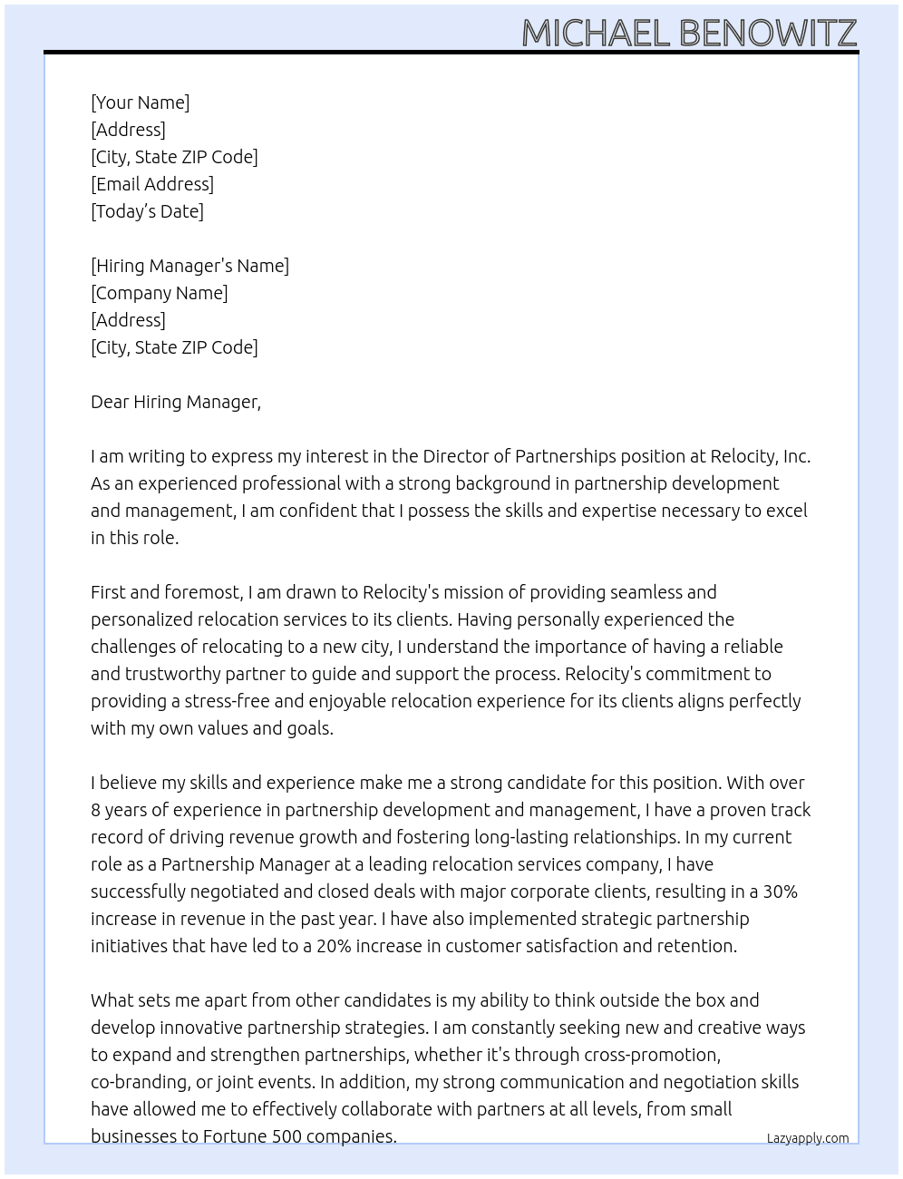 Director of Partnerships At Relocity, Inc. Cover Letter