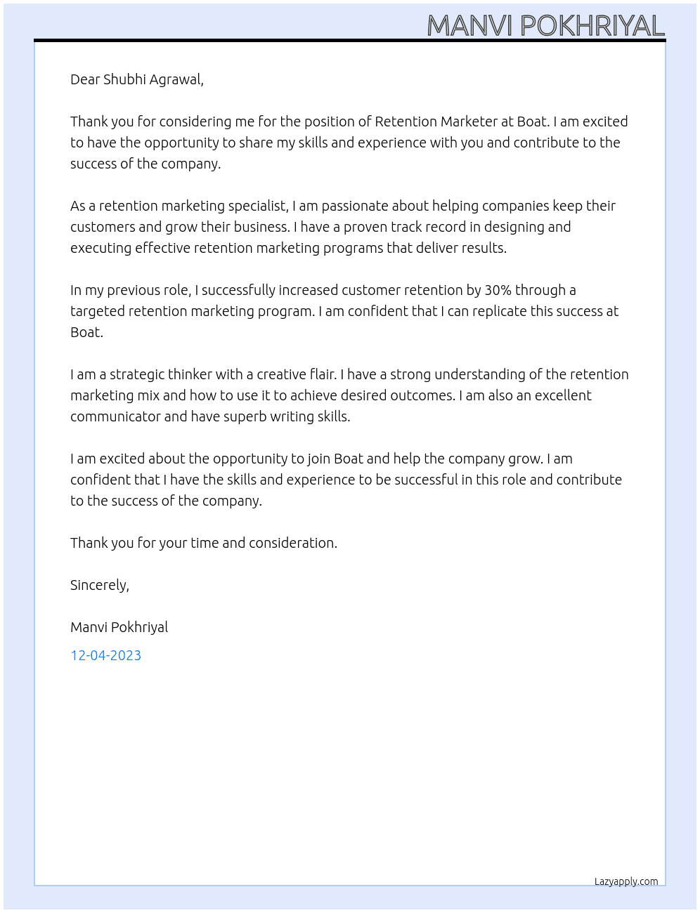Marketing At Boat Cover Letter