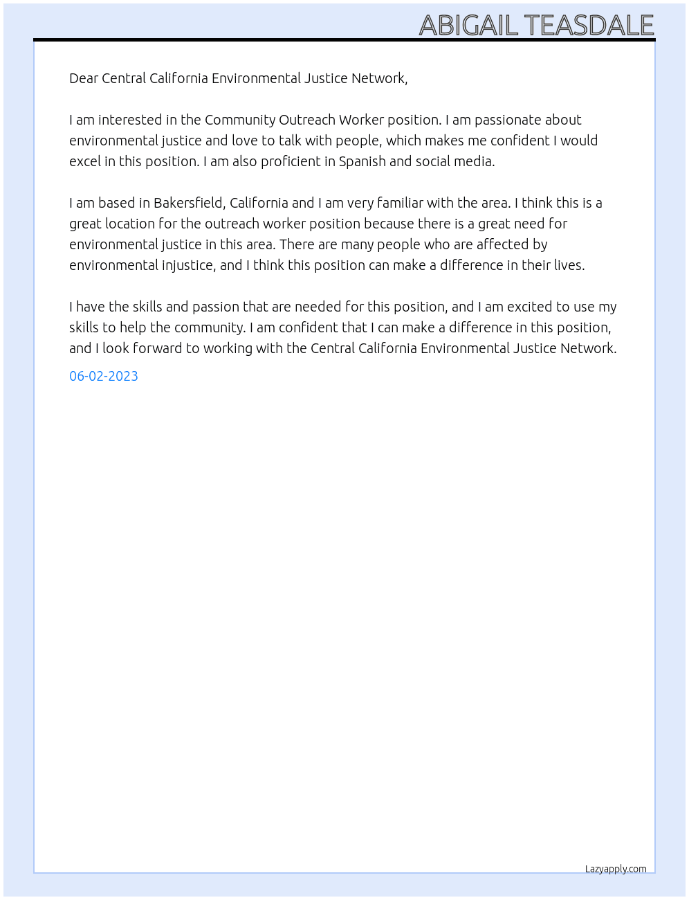 Community Outreach Worker At Central California Environmental Justice Network Cover Letter