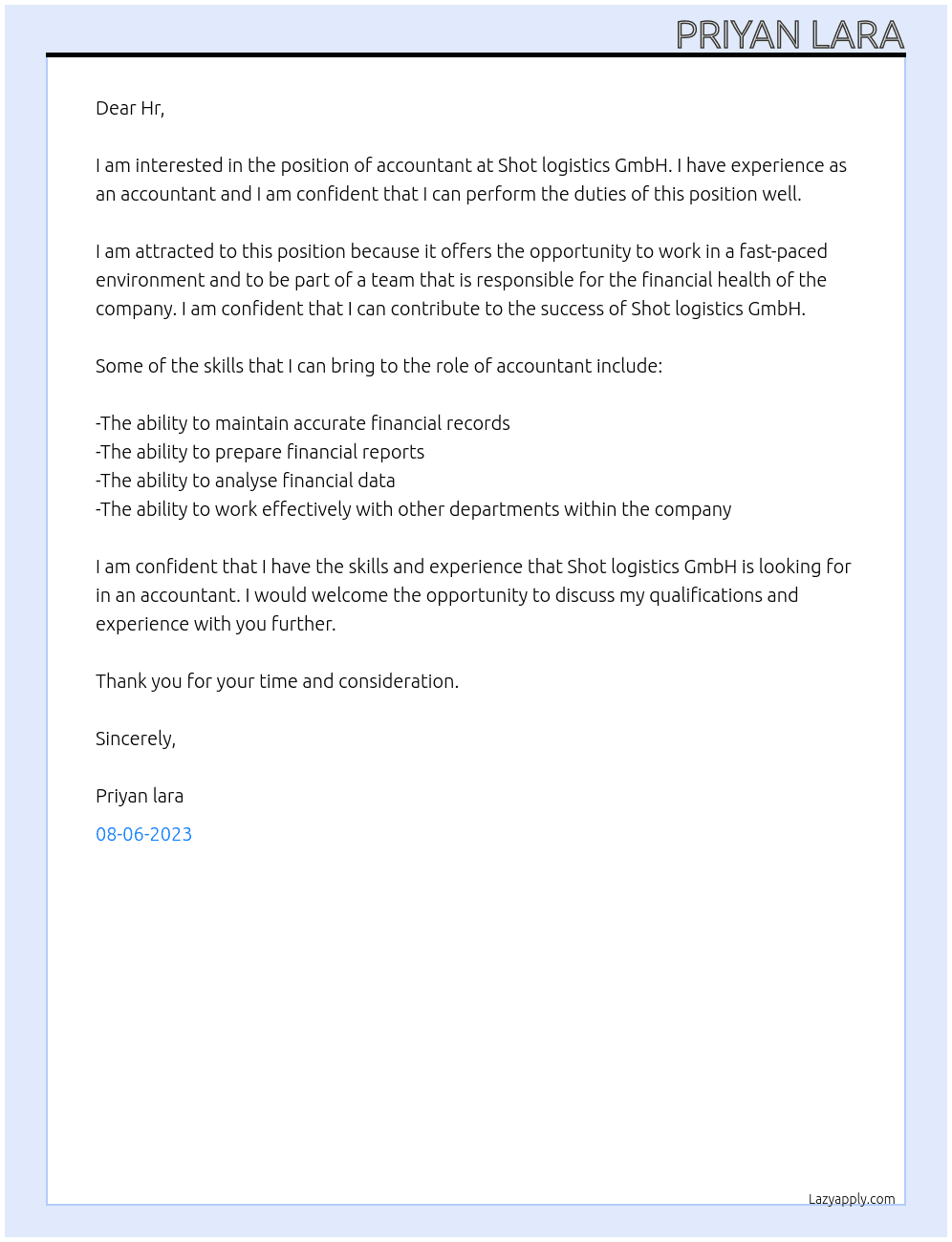 Accountant At Shot logistics GmbH Cover Letter