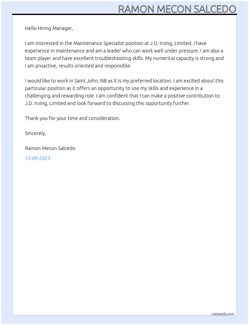 Maintenance Specialist At J.D. Irving, Limited  Cover Letter