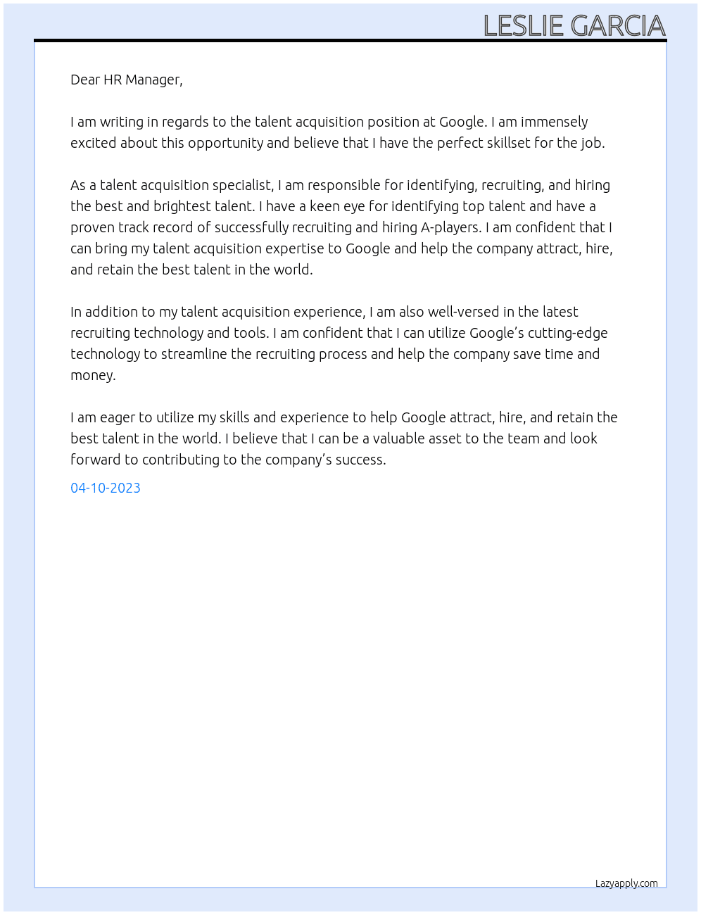 talent acquisition  At Google Cover Letter