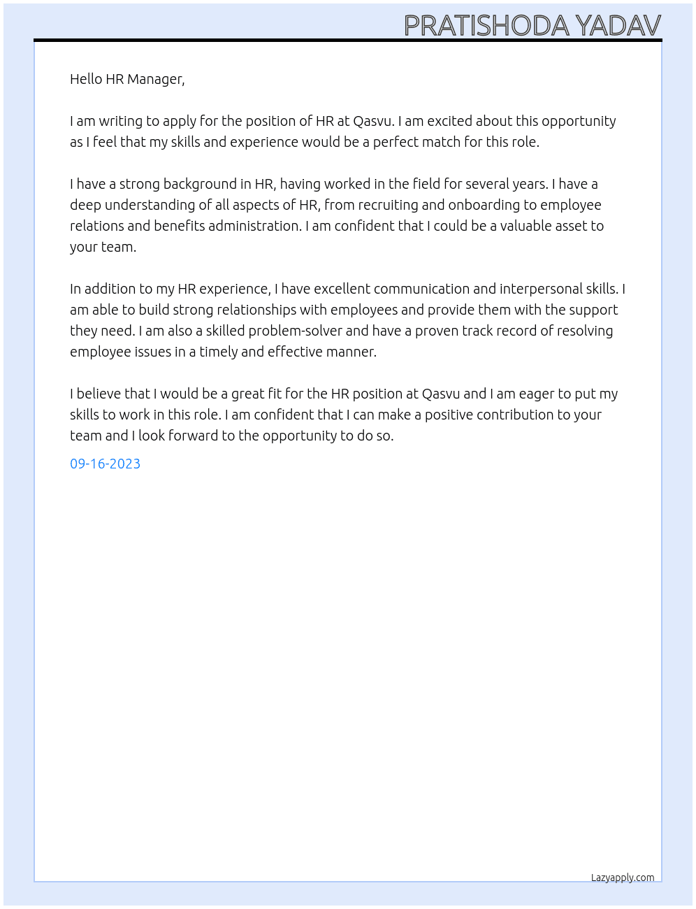 HR  At Qasvu Cover Letter