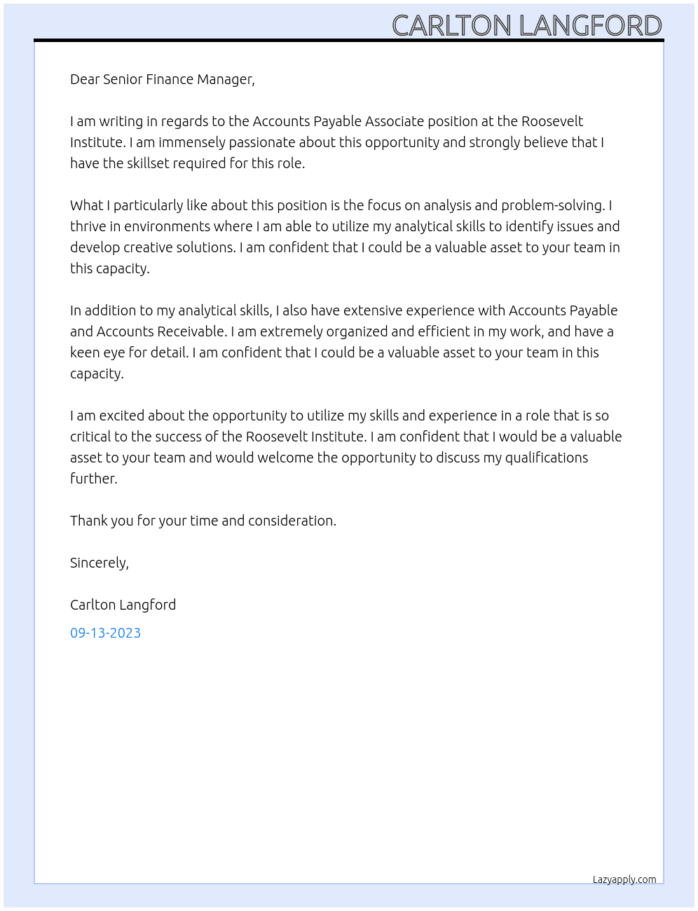 Accounts Payable Associate At Roosevelt Institute  Cover Letter