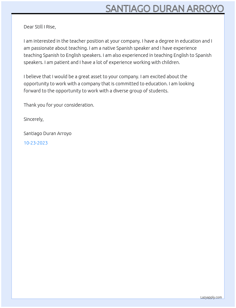 teacher At Still I Rise Cover Letter