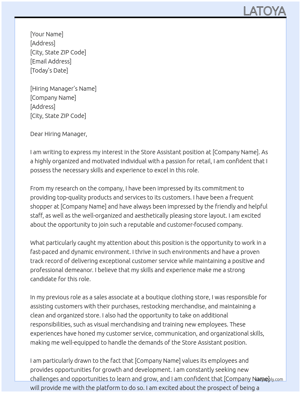 Store Assistance At store Cover Letter