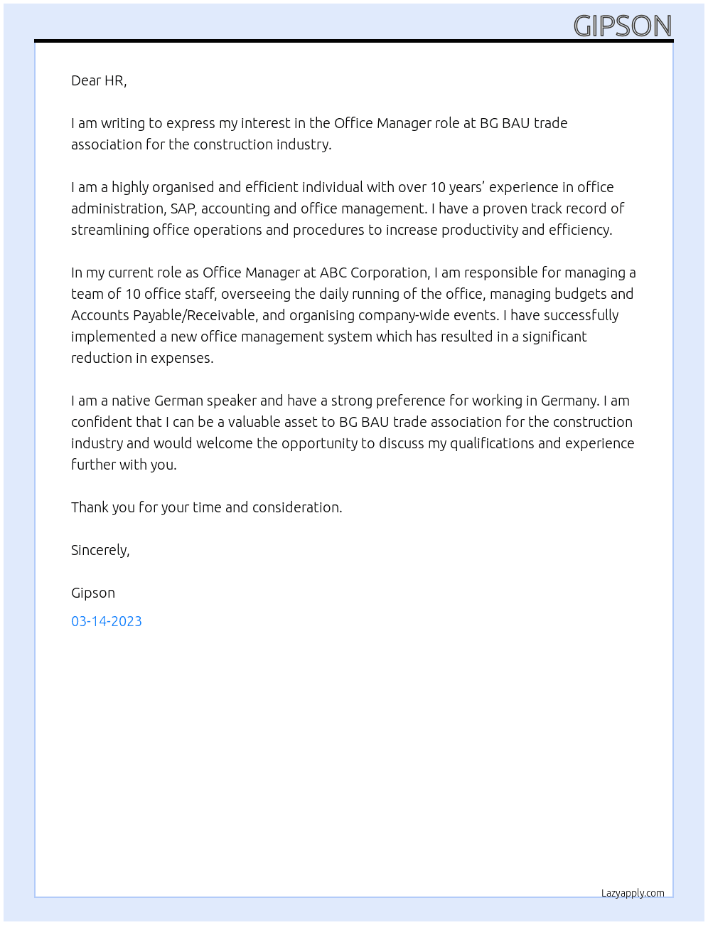 Office management  At BG BAU trade association for the construction industry Cover Letter
