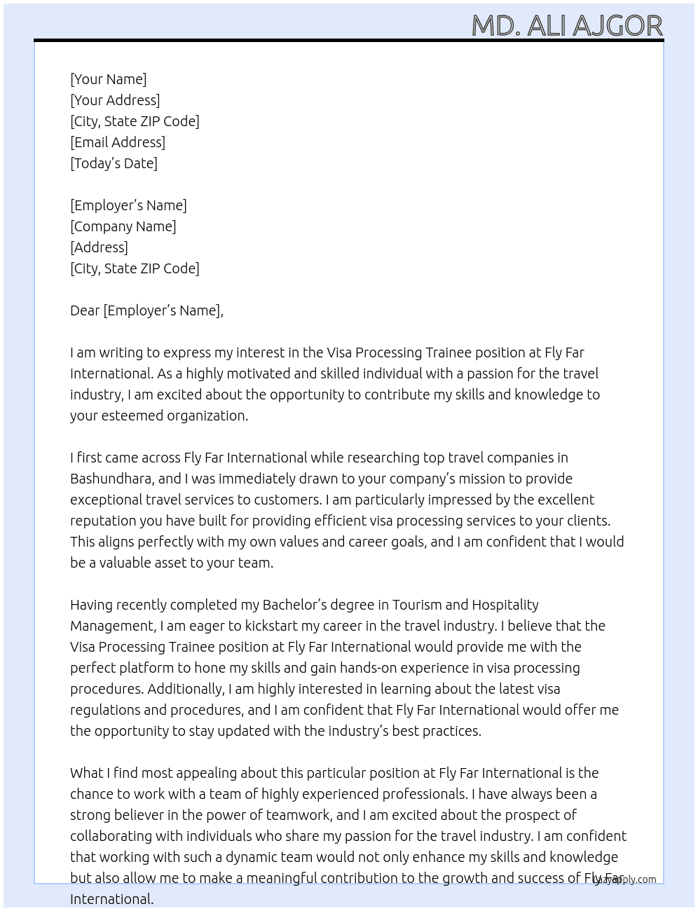 visa processing trainee At Fly Far International Cover Letter