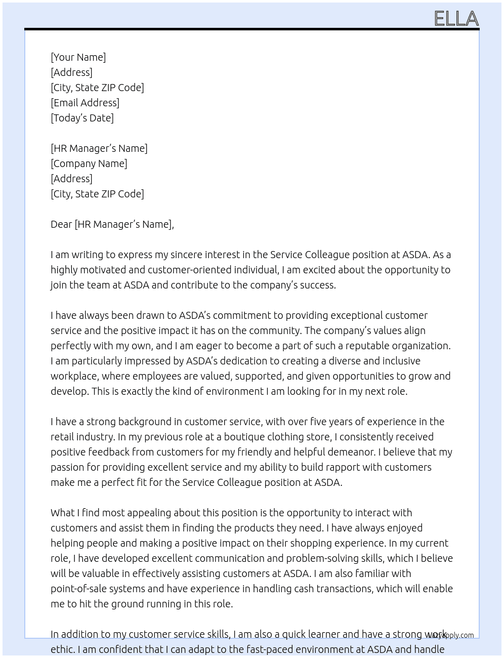 Service Colleague At ASDA Cover Letter